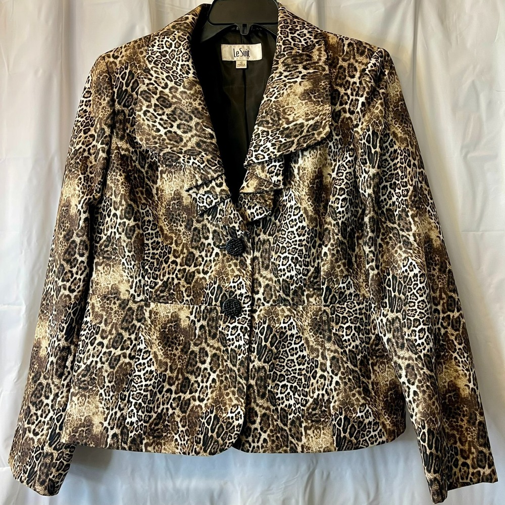 Le Suit Women Blazer Jacket Sz 12 Leopard Ruffle Collar Career Chic Retro Y2K